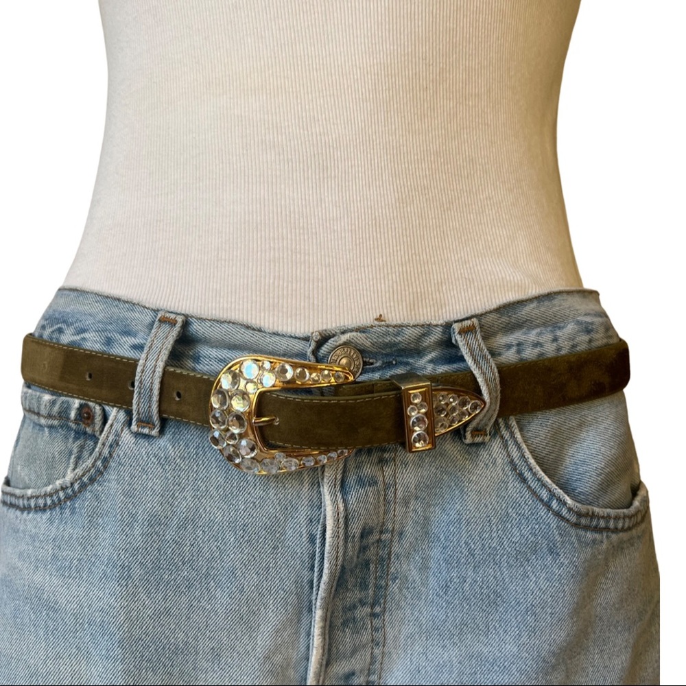 Olive green suede belt with western flare, gold hardware & rhinestones, Vintage